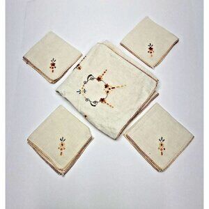 Vintage Hand Made Embroidered Linen Tablecloth and 4 Napkins Orange Floral